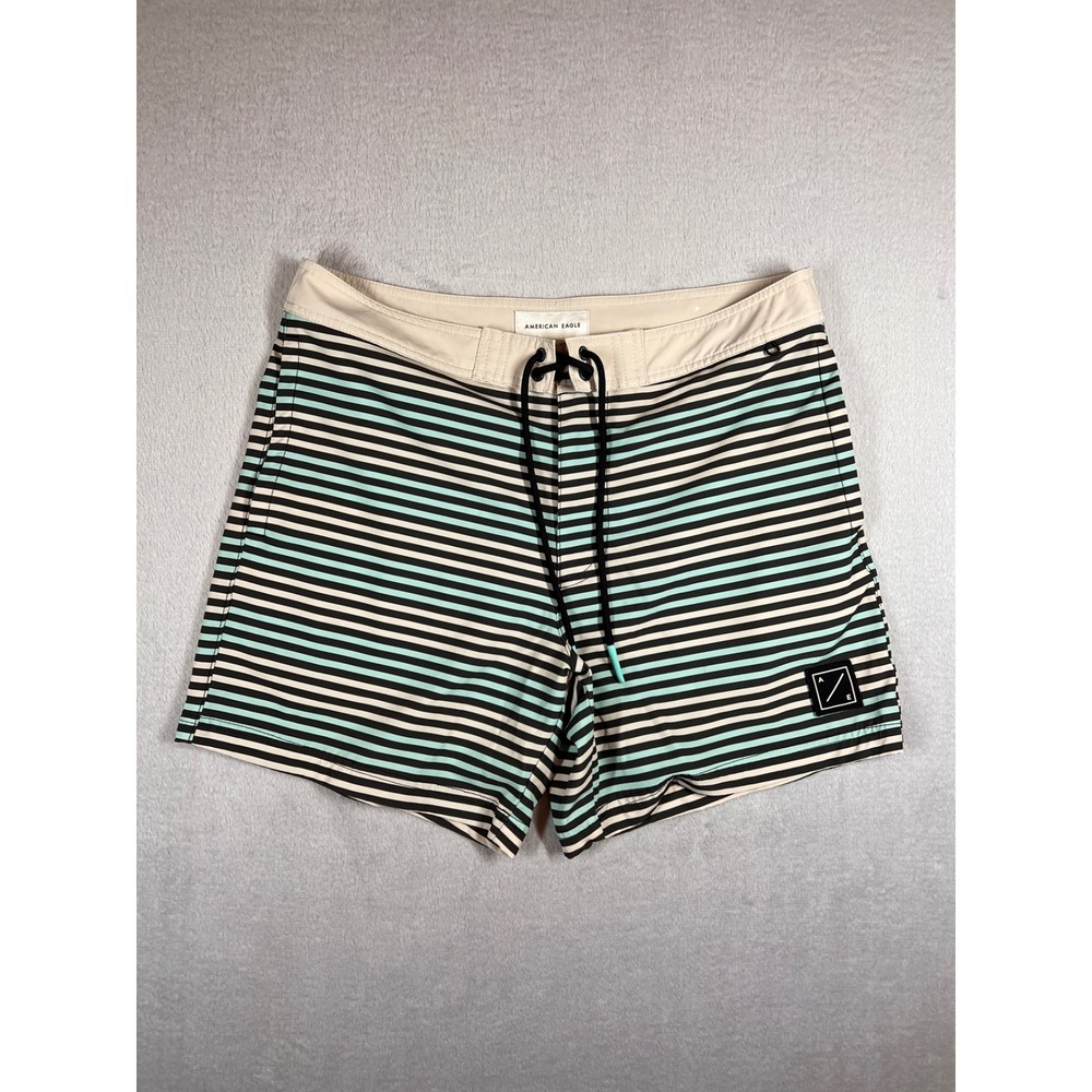 American Eagle Mens Board Shorts Size M Striped Teal Black Swim Trunks 6 Inseam